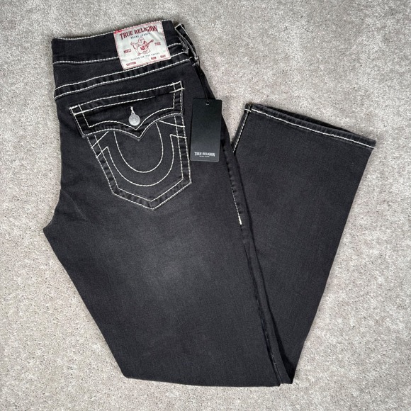 NWT True Religion Ricky Big T Flap Straight Men's 36x33 Jeans Grey Smoky Denim